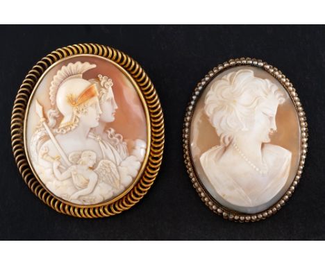 Two carved shell cameo brooches:, one depicting Mars, Venus and Cupid with torch aloft symbolising ardent desire; the other d