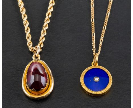 Two locket pendants both set with locks of hair,: including an 18ct gold, blue enamel and seed pearl locket, length incl bale