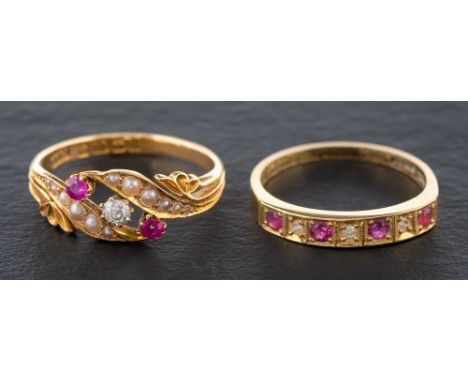 Two 18ct gold diamond and ruby rings,: an old-cut diamond, ruby and seed pearl ring, estimated diamond weight ca. 0.10ct, par