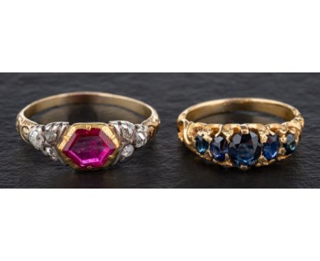 A synthetic sapphire five stone ring and a synthetic ruby and single-cut diamond ring,: total estimated diamond weight ca. 0.
