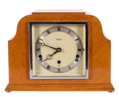 Elliott, London, a 20th century chiming mantel clock: the eight-day duration movement striking the hours and chiming the quar