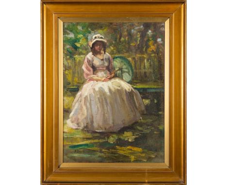 M. Brodie [20th Century]-Fashionable girl in a sunlit garden,:-signed bottom left, oil on canvas, 55 x 39cm, together with an