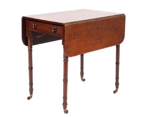A George III mahogany Pembroke table, circa 1800,: the rectangular top with twin drop leaves with rounded corners, the frieze