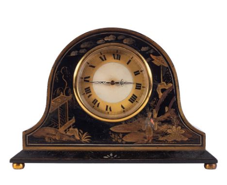 An Edwardian chinoiserie lacquered mantel clock: the eight-day duration timepiece movement having a lever escapement, with th