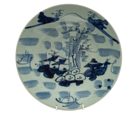 An Annamese blue and white saucer dish, a Chinese provincial dish and one other:  the first painted with a floral spray, 15cm