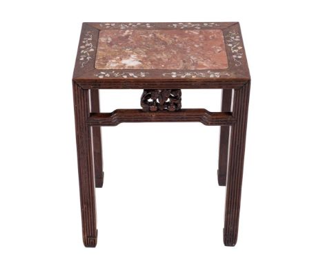 A Chinese hardwood and rouge marble inset stand, late 19th century,: the rectangular top with foliate cut mother-of-pearl inl