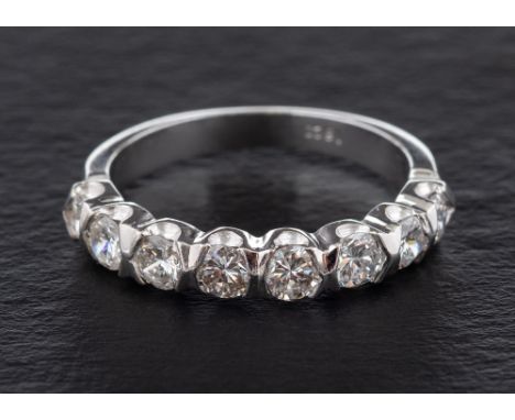 A round, brilliant-cut diamond half-eternity ring,: total estimated diamond weight ca. 0.85cts, J-K colour, SI1-2 clarity, st