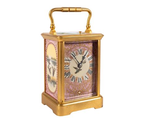 A French porcelain panelled carriage clock: the eight-day duration movement having a platform lever escapement and striking t