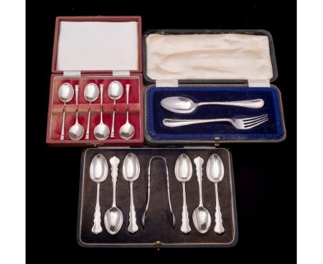 A set of six George V silver teaspoons and sugar tongs, maker Josiah Williams &amp; Co, London, 1921: cased, six silver seal 