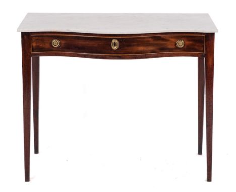 A George III mahogany and marble topped serpentine front side table, late 18th century and later,: the white and mottled blac