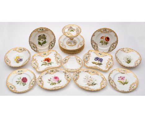 A Minton porcelain botanical part dessert service: of 'Newcastle' shape with moulded basket weave and scroll panelled rims, e