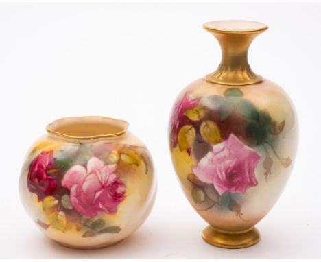 Two Royal Worcester porcelain vases: comprising one of footed oviform the other of globular wrythen moulded form both painted