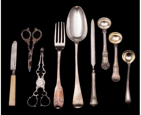 A mixed selection of silver flat wares, various makers and dates: includes, Hanoverian pattern tablespoon, sugar nips, mustar