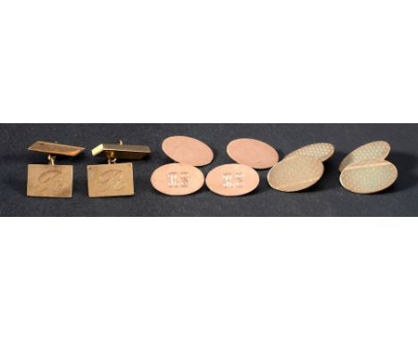 Three pairs of 9ct gold cufflinks,: including an oval pair with engraved initials 'RS', length of head ca.1.9cm; a rectangula