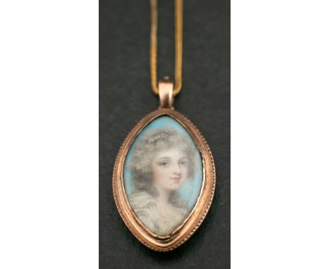 Circle of Andrew Plimer (1763-1837), Miniature portrait of Mrs Page,: on ivory, dated 15th Nov. 1817 to verso, length of pend