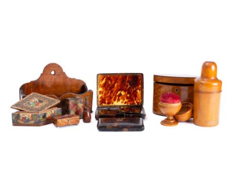 A 19th century treen oval tea caddy: a hanging salt box, tortoiseshell vanity box, together with other tortoiseshell and tree