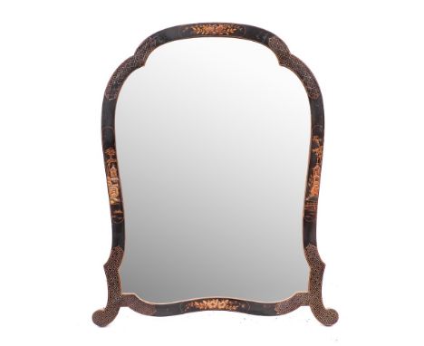 An Edwardian lacquered and parcel gilt wood framed dressing table mirror in Chinoiserie taste, early 20th century,: of cartou