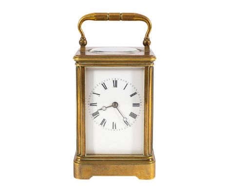 Drocourt, Paris, a small brass Corniche carriage clock: the eight-day duration movement having a silvered platform lever esca