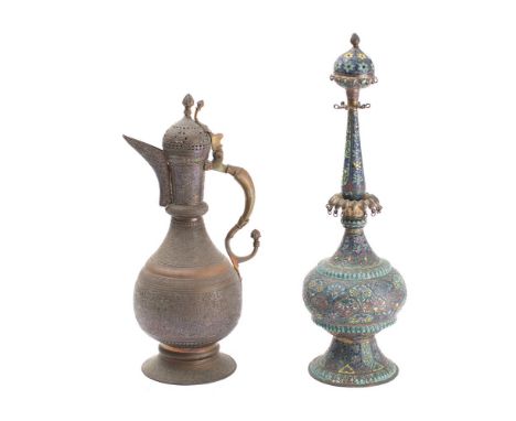 A Persian enamel rosewater ewer: of globular form with spire finial, 38cm high and a Persian brass jug, 31cm high.(2).