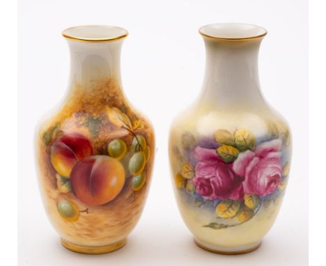 Two Royal Worcester porcelain vases: of shouldered oviform one painted with pink roses by G. Banks and the companion painted 