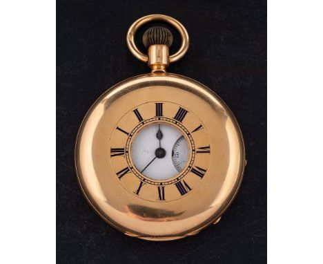 An 18ct gold half hunter keyless pocket watch: the movement having an engraved balance cock to the lever escapement and numbe