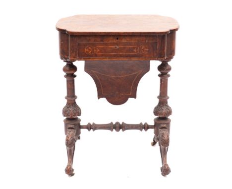 A Victorian burr walnut and marquetry writing and work table, circa 1870,: the cartouche form hinged top with chequer stringi