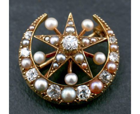 A Victorian, 15ct gold, old and single-cut diamond, mabe and seed pearl, star and crescent brooch,: estimated total diamond w