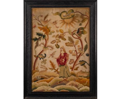 A 19th century crewel work picture: depicting a young women walking in a garden with a bird on her right hand, the garden ful