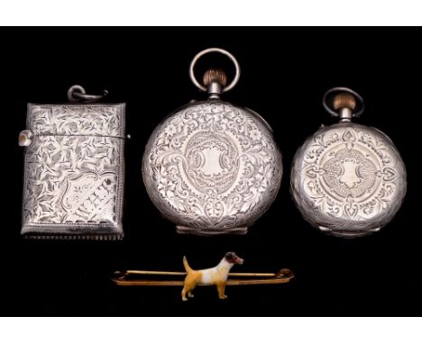 A gilt metal and enamel bar brooch decorated with a dog: two French silver cased pocket watches and a silver vesta case, (a l