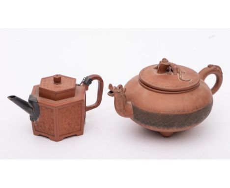 Two Chinese Yixing teapots and covers: the first of hexagonal form with metal spout and handle mount, the sides decorated wit