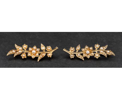 A pair of Victorian, gold, cushion-cut diamond and seed pearl flower brooches,: estimated diamond weight ca. 0.05ct, length c