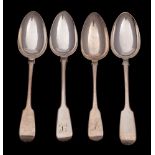Four assorted silver Fiddle pattern tablespoons, various makers and dates: two initialled,