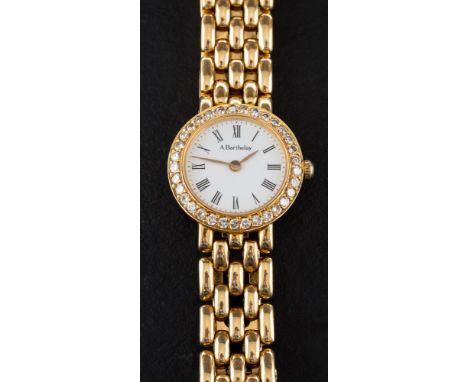 An A. Barthelay wristwatch,: the white enamel dial with Roman numerals and spade hands, bordered with round, brilliant-cut di