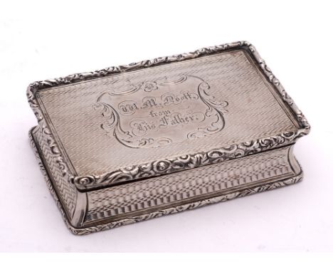 A William IV silver snuff box, maker Taylor &amp; Perry, Birmingham, 1836: inscribed, of rectangular outline with engine turn