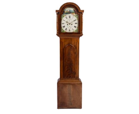 A Georgian mahogany long case clock: the eight-day duration movement striking the hours on a bell, the twelve-inch painted br