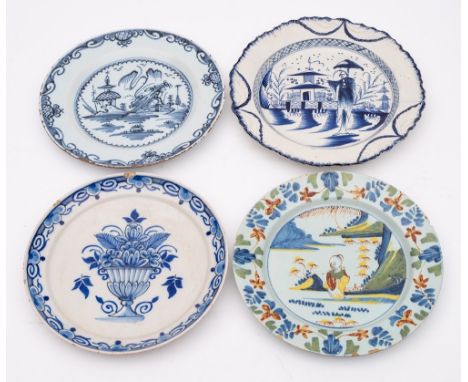 Three delft and one pearlware plate: comprising a London  delft polychrome plate decorated with a seated Chinaman, a blue and