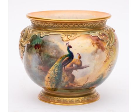 A Royal Worcester Hadley Ware porcelain jardinière: of wrythen lobed form with raised strap work under shot enamels, the body