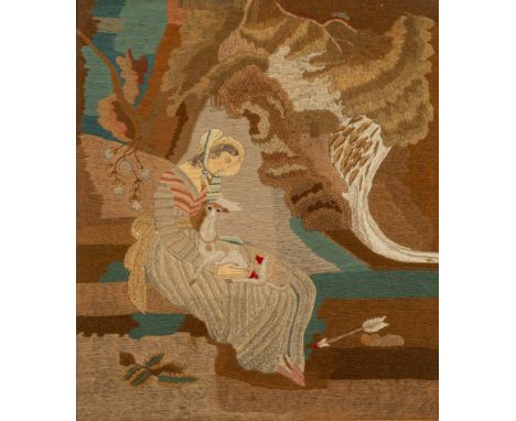 A Regency period woolwork picture: depicting a seated young woman comforting a wounded animal, an arrow lying at her feet, fr