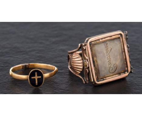 A gold rock crystal seal ring and christening ring,: the seal ring engraved with the name 'Caroline'; the christening ring wi