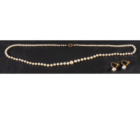 A graduated cultured pearl necklace and a pair of cultured pearl earrings,: the cultured pearls of yellow hue with green over