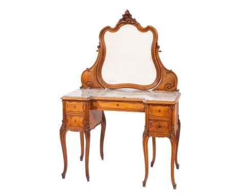 A French chestnut and marble mounted dressing table, in Louis XV style, late 19th century,: the angle adjustable bevelled mir
