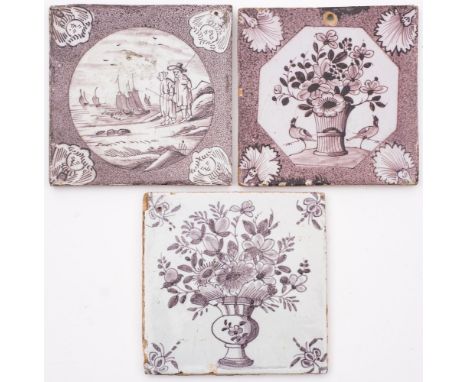 Manganese antique Dutch Delft tile mural with a wonderful flower vase, 18th  century