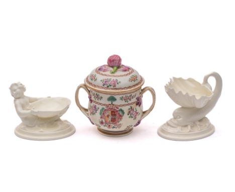 Two Royal Worcester white shell table salts and a Samson famille rose armorial two-handled urn and cover: 10/12 and 15cm high