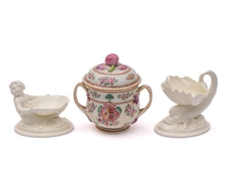 Two Royal Worcester white shell table salts and a Samson famille rose armorial two-handled urn and cover: 10/12 and 15cm high