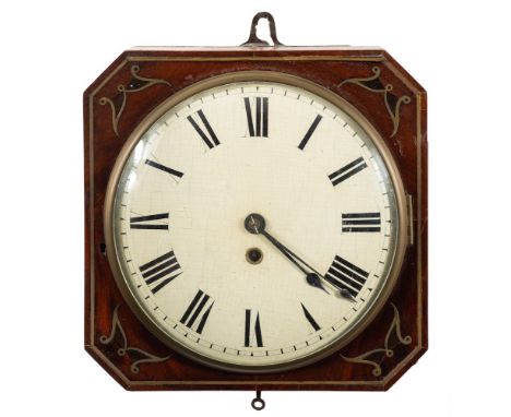 A Regency mahogany and brass inlaid wall clock: the eight-day duration, single-fusee movement having an anchor escapement, th