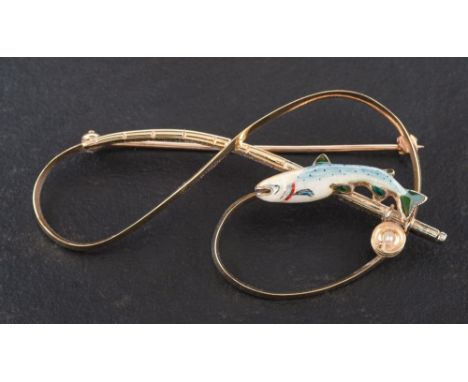 A 9ct gold and enamel brooch by Alabaster & Wilson depicting a trout and fishing rod,: with maker's mark A&W and Birmingham h