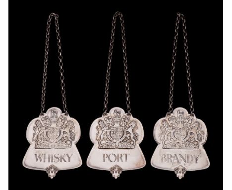 A set of three Elizabeth II silver jubilee spirit labels, maker Roberts &amp; Belk Ltd, London, 1977: of inverted thistle sha