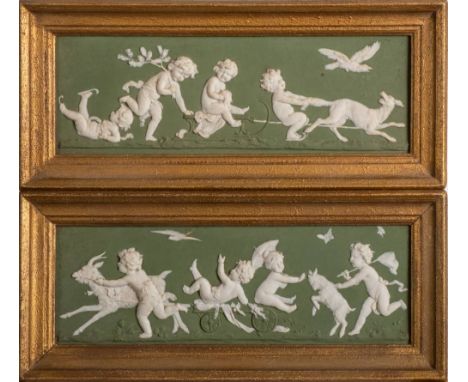 A pair of Continental green and white bisque porcelain rectangular plaques: relief decorated in the jasper ware neo-classical