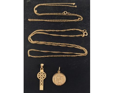 A 9ct gold St Christopher and a Celtic cross pendant,: the St Christopher with hallmarks for Sheffield, 2000, length ca. 2.5c