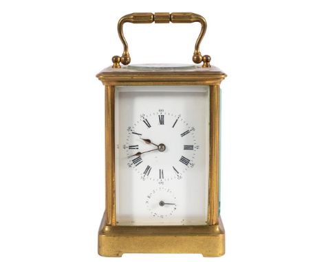 A Victorian French brass carriage alarm clock: the eight-day duration movement having a later platform lever escapement and s